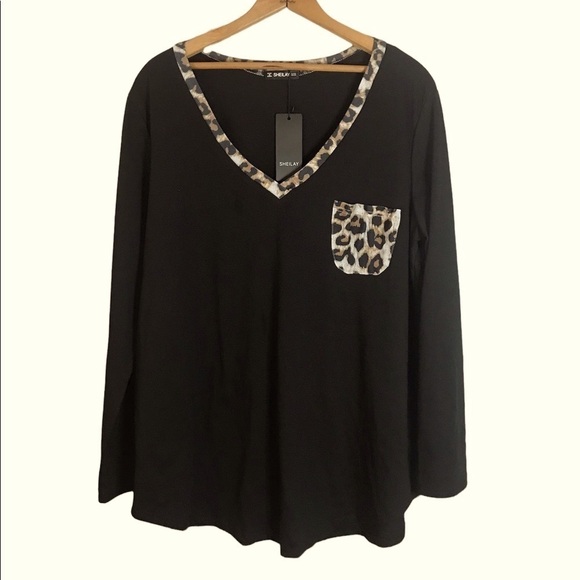 NWT SHEILAY Leopard print trim V-Neck Long Sleeve Top Size 3XL - Picture 1 of 4